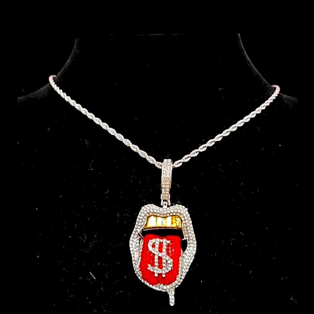 Iced out money dollar sign tongue pendant